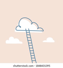 Stepladder leading to the clouds as success and progress metaphor concept. Reaching dreams and life goals. Minimal vector illustration drawing. Ambition for achievement and personal growth.