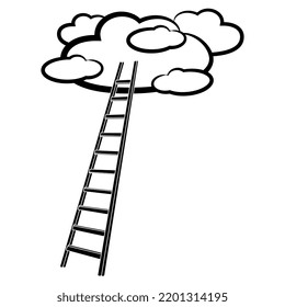 Stepladder leading up onto cloud in the sky. Creative funny concept for climbing and reaching a dream. Black and white vector illustration.