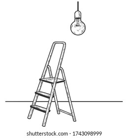 stepladder and light bulb sketch engraving vector illustration. T-shirt apparel print design. Scratch board imitation. Black and white hand drawn image.