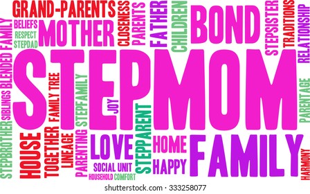 Stepmom word cloud on a white background. 