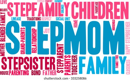 Stepmom word cloud on a white background. 