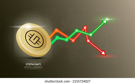 STEPN coin. Cryptocurrency token symbol with stock market investment trading graph green and red. Coin icon on dark  background. Economic trends business concept. 3D Vector illustration.