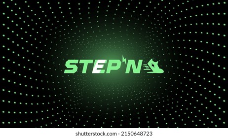 STEPN company logo icon in the center of spiral of glowing green dots on dark background. Web3 running app with fun game and social elements with Move to Earn concept. Vector illustration. svg