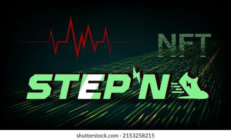 STEPN company logo icon and text NFT with red heartbeat string on dark background. Earn GMT tokens while walking in NFT sneakers with Move to Earn concept. Vector illustration. svg