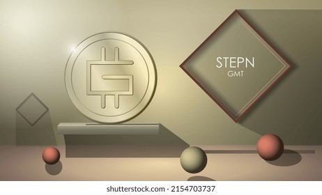 Stepn GMT coin in front view with balls on floor and frames on wall in 3d style. Website header or banner with digital currency coin icon. Vector illustration. svg