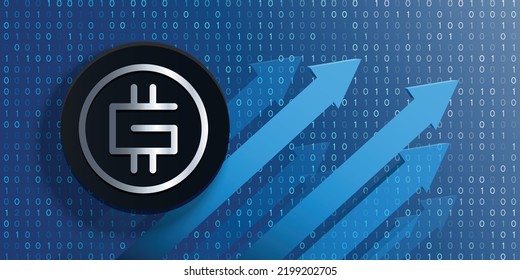 STEPN (GMT) crypto currency logo coin on futuristic financial technology background and banner vector illustration. Can be used as cover, header, backdrop, poster, wallpaper and print design svg
