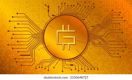Stepn GMT cryptocurrency token symbol in circle with PCB tracks on gold background. Digital currency coin icon in techno style for website or banner. Vector illustration. svg