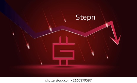 Stepn GMT in downtrend and price falls down on dark red background. Cryptocurrency coin symbol and red down arrow with falling meteors. Cryptocurrency trading crisis and crash. Vector illustration. svg