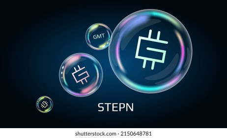 Stepn GMT token symbol in soap bubble. The financial pyramid will burst soon and destroyed. Vector illustration. svg