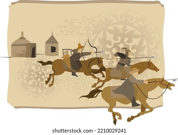 Steppe batyrs on the hunt, race, warriors against the background of the national Kazakh ornament of Central Asia