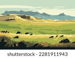 Steppe. Eco landscape. A plain overgrown with grassy vegetation. Steppe landscape illustration. 2