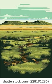 Steppe. Eco vertical landscape. A plain overgrown with grassy vegetation. Steppe vertical landscape illustration.