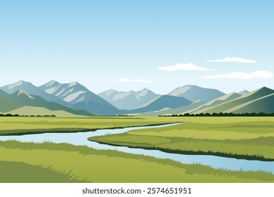 Steppe and mountains landscape vector illustration. Green steppe meadows and fields, a river and beautiful mountains. Mountain landscape and fields.