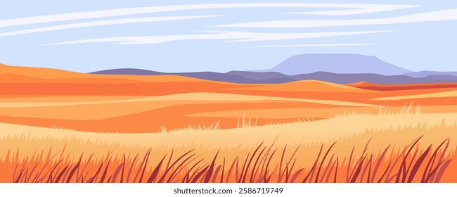 Steppe vector landscape illustration. Beautiful yellow steppe savanna. Yellow fields and savanna meadows, mountains, hills and an amazing blue sky with clouds.