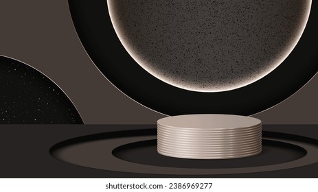 Stepped cylindrical podium in rose gold with gold rings on a graphite background near the wall with imitation texture, sparkles and lighting