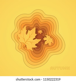 Stepped hole in the form of a maple leaf. Falling autumn leaves. Orange autumn background. Vector illustration.