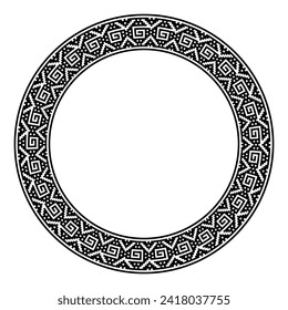 Stepped spiral motif, circle frame. Decorative circular border, in ancient stepped Inca style with angular spirals. Black and white illustration, isolated on white background. Vector.