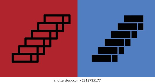 Stepped staircase or brick layering pattern in outline and solid black on red and blue backgrounds