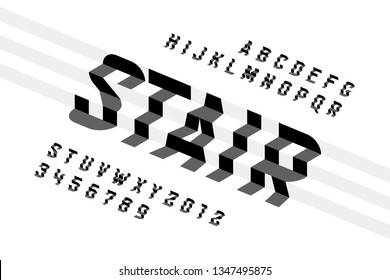 Stepped style font, alphabet letters and numbers vector illustration