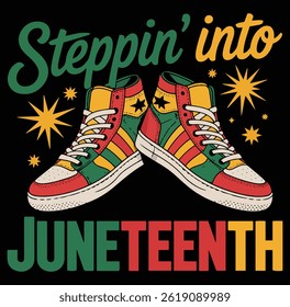 Steppin into juneteenth celebration vector design featuring colorful shoes and festive stars