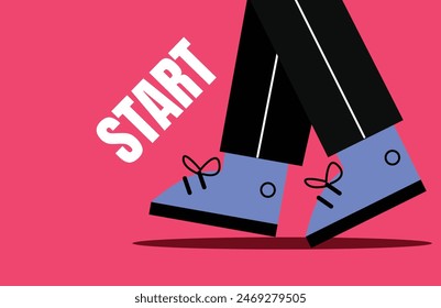 Stepping feet with start written next to them, depicting the concept of starting, starting a business and start up