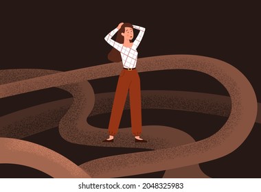 Stepping into future. Girl goes into unknown. Anxiety, indecision, important step. Fear, darkness, road. Making difficult decision. Cartoon flat vector illustration isolated on brown background