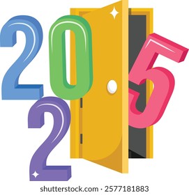 Stepping into Twenty Twenty Five concept, Knocking on Opportunity Door vector icon design, Unveiling the Year Ahead 2025 sign, festive holiday season symbol, new year party decor stock illustration