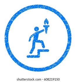Stepping Leader With Torch grainy textured icon inside circle for overlay watermark stamps. Flat symbol with scratched texture.