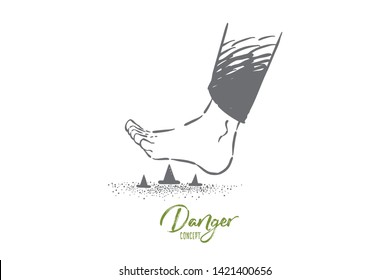 Stepping on metal pins barefoot, foot stepping on spiky pin and tack on the floor. Threat of painful injury and wound, danger of unforeseen problem concept sketch. Hand drawn vector illustration