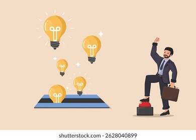 Stepping Stone to Success Um homem de negócios usando um botão como um passo para alcançar ideias brilhantes flutuantes.