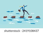 Stepping stones to success, progress or milestone pathway to achieve target, small step to overcome difficulty, development stages concept, confidence businessman stepping on stones across ocean.