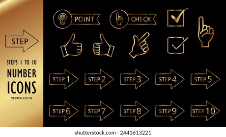 Pasos 1 a 10, iconos de números de oro sobre un fondo negro.