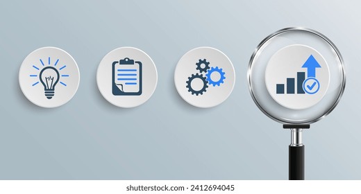 Schritte zur Erreichung geplanter Ziele von der Idee bis zur Umsetzung und zum Erfolg, Business-Concept-Analyse mit Lupe, um eine Lösung zu finden