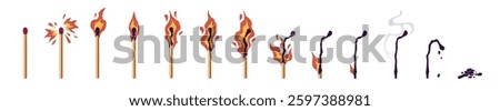 Steps of burning matchstick set. Lightning of matches with fire, sparks, flame. Burnt sticks with smoke, ash. Combustion sequence for animation. Flat isolated vector illustrations on white background
