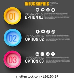 Steps of business development infographic template with set of web icons and option buttons on black background flat vector Illustration