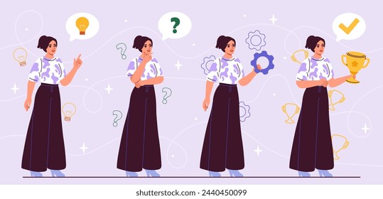 Steps for business set. Woman with idea for start up. Entrepreneur or businesswoman with idea and coghweels. Financial literacy. Cartoon flat vector collection isolated on violet background