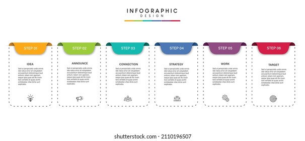 Pasa por el diseño de plantillas de infografía de procesos de línea de tiempo de negocios con iconos