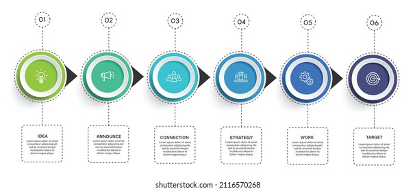 Pasa por el diseño de plantillas de infografía de procesos de línea de tiempo de negocios con iconos