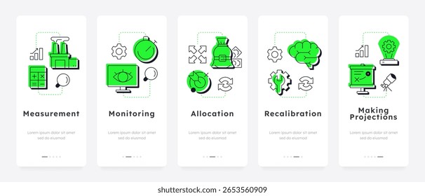 Steps in capacity management processes mobile app onboarding screens. Organization development planning. Flat UI UX design, green highlight with outline icons conceptual
