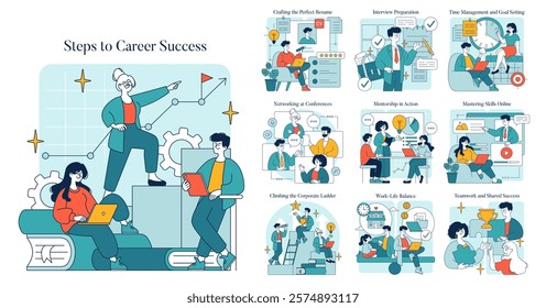 Steps to Career Success concept. This illustration provides essential strategies for achieving career success. It includes crafting resumes, networking, interview preparation, and mastering new skills