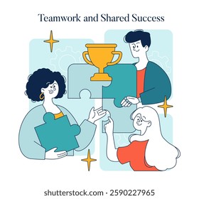 Steps To Career Success concept. This illustration embodies collaboration, teamwork, and shared achievements. It features diverse individuals cooperating to complete a puzzle, symbolizing collective