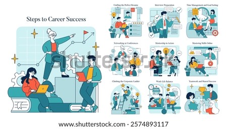 Steps to Career Success concept. This illustration provides essential strategies for achieving career success. It includes crafting resumes, networking, interview preparation, and mastering new skills