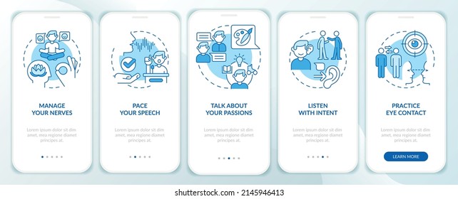 Steps to charisma blue onboarding mobile app screen. Charismatic person walkthrough 5 steps graphic instructions pages with linear concepts. UI, UX, GUI template. Myriad Pro-Bold, Regular fonts used