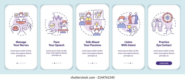 Pasos para carisma a bordo de la pantalla de aplicaciones móviles. Conviértete en una persona carismática recorriendo 5 pasos de páginas de instrucciones gráficas con conceptos lineales. UI, UX, plantilla GUI. Multitud de tipos de letra Pro-Bold, con uso regular