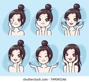 Steps to clean the face of the little girl.