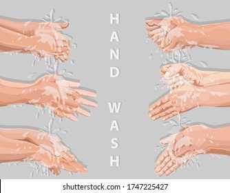 Steps of cleaning hands illustration. Hand hygiene prevention without E.coli, S.pyogenes, H1N1virus, C.xerosis, S.aureus. Far from the disease by yourself. Health care concept.
