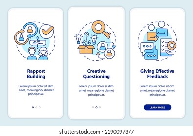 Steps of coaching onboarding mobile app screen. Creative questioning walkthrough 3 steps editable graphic instructions with linear concepts. UI, UX, GUI template. Myriad Pro-Bold, Regular fonts used