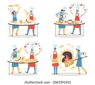 Steps cooking pizza on open fire at cuisine of restaurant or pizzeria. Chefs pizza makers knead and toss the dough, cuts vegetables and bakes food. Vector isolated illustrations.