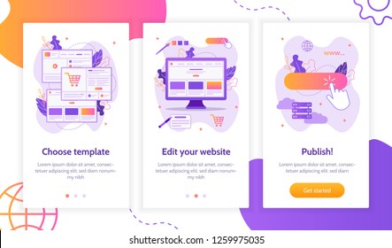 Steps to create a website: choose template, edit and publish. Onboarding screens template. Mobile app design. Website builder concept. Flat vector illustration.