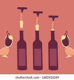 steps for crokscrew vector. hand holding wine glass. How to open a bottle of wine art cartoon concept. opened red wine bottle for holiday. winery festival flat design. opener wine key isolated uncork